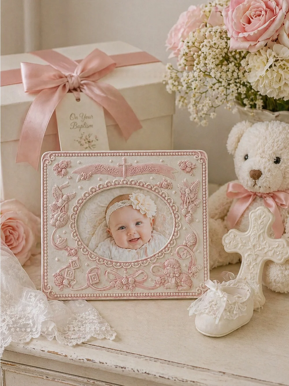 ENESCO Baby Baptism Picture Frame Bundle of Blessings Pink Ivory Vintage NWT